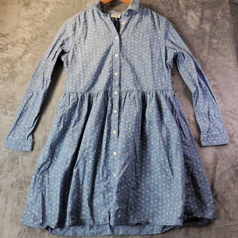 J.Crew‎ Blue Printed Collared Mini Shirt Dress Button Down Babydoll Long Sleeve